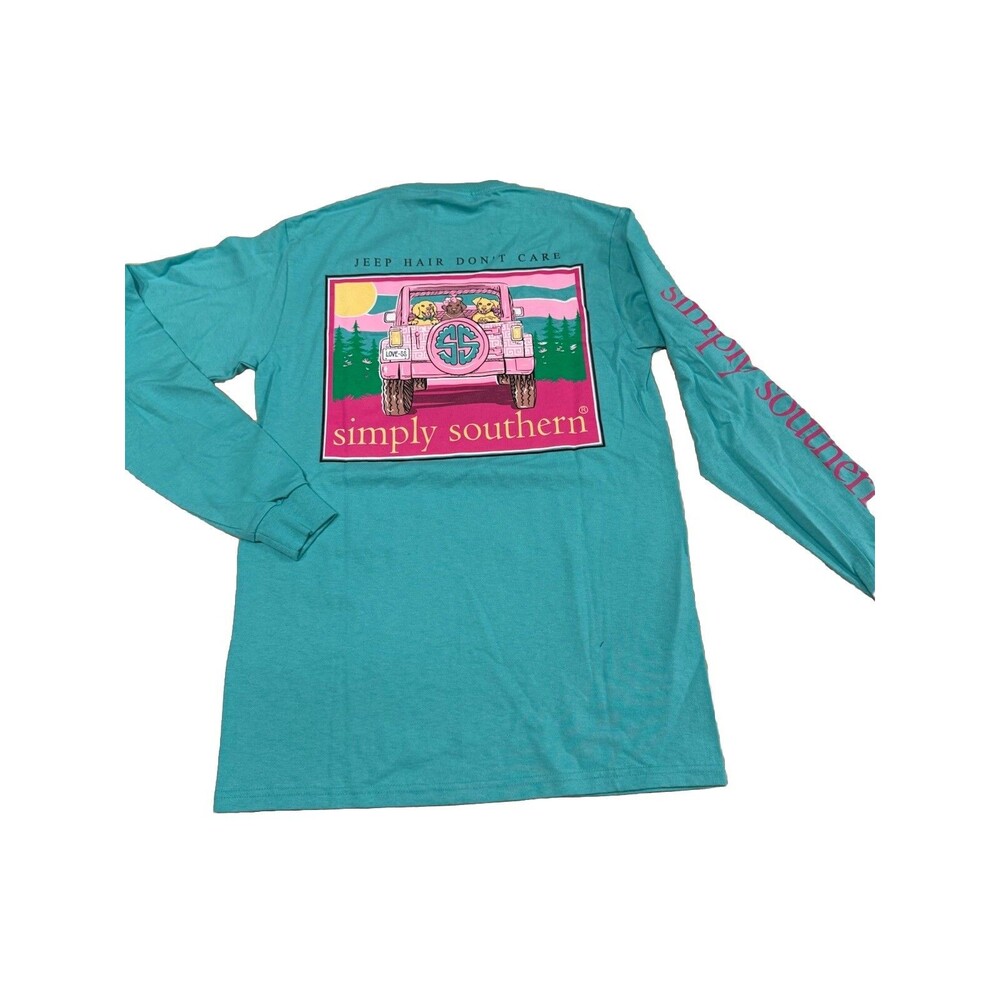 Simply Southern Jeep Hair Don't Care Dog T Shirt Sz S Teal Long Sleeve,NWT